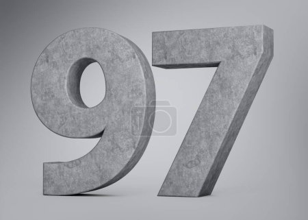 3d Betonzahl siebenundneunzig 97-stellige Zahl aus grauem Beton Stein Grauer Hintergrund 3D-Illustration