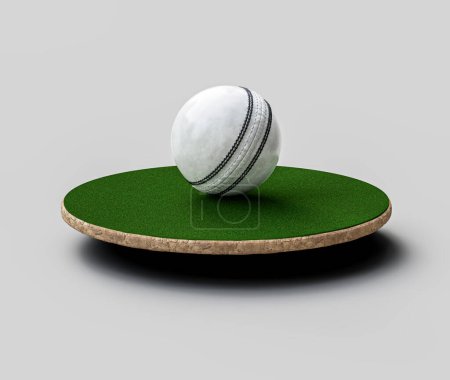 Pelota de cricket ODI cosida de cuero blanco 3D con campo de hierba verde redondeado Ilustración 3D