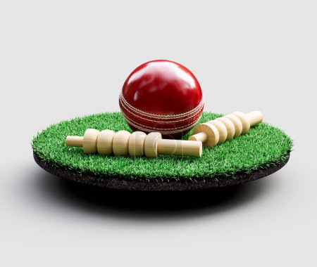Pelota de cricket de prueba cosida de cuero rojo con dos fianzas de Wicket en campo de hierba ilustración 3D