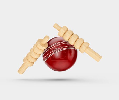 Shiny Red Leather Stitched Test Cricket Ball With Two Wicket Bails White Background 3D Illustration