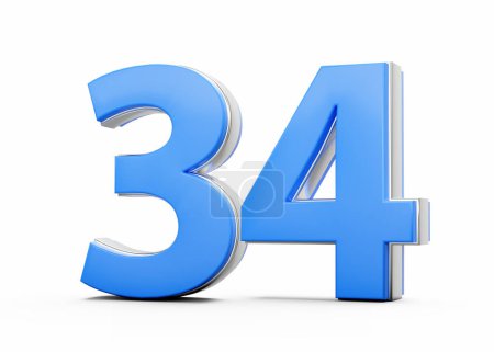 3d numéro 34 trente-quatre en corps bleu avec contour argenté sur fond blanc Illustration 3D