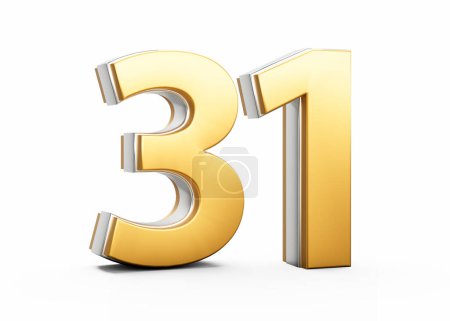 3D Golden Shiny Number 31 Thirty One With Silver Outline On White Background 3D Illustration