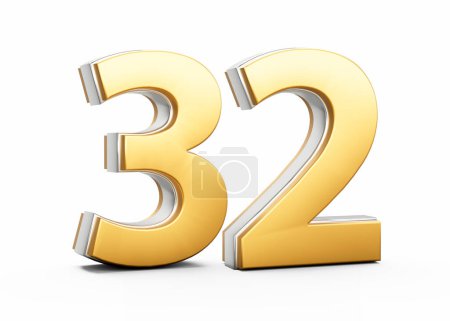 3D Golden Shiny Numéro 32 Trente-deux avec contour argenté sur fond blanc Illustration 3D