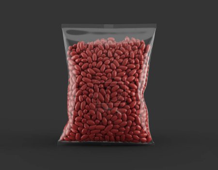 Cacahuetes carmesí sin cáscara sellados en bolsa de ziplock transparente sobre fondo oscuro Ilustración 3D