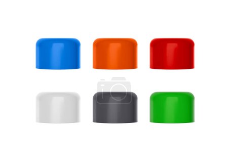3D Set von farbenfrohen PVC-Endkappen für Rohrleitungskonzepte auf weißem Hintergrund 3D-Illustration