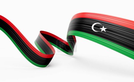 Foto de Bandera 3d de Libia Bandera de cinta de Libia ondeando brillante 3d sobre fondo blanco Ilustración 3d - Imagen libre de derechos