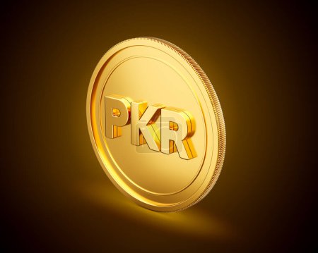 Pièce de PKR en roupie pakistanaise arrondie brillante dorée sur fond brillant doré Illustration 3d