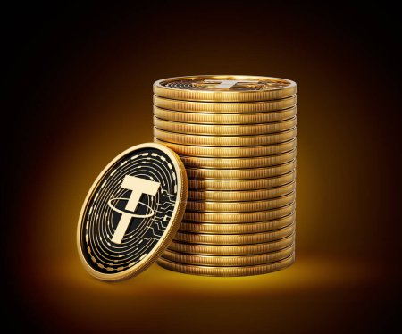 Stack Of Golden Cryptocurrency Tether USDT Coins On Shiny Golden Glow Background 3d Illustration