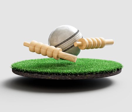 Weißes Leder genäht ODI Cricketball mit zwei Wicket Bails auf Grasboden 3D-Illustration