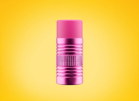 Brillante férula metálica rosa con borrador rosa suave aislado sobre fondo amarillo Ilustración 3d