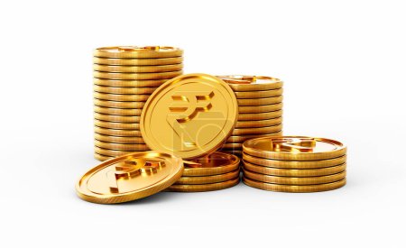 3d Stack Of Golden Indian Rupee Coins Shiny Rounded Coins Stack On White Background 3d Illustration