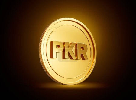 Goldene glänzende abgerundete pakistanische Rupie PKR-Münze auf glänzend goldenem Glühen Hintergrund 3D-Illustration