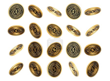 Fallende goldene und schwarze Kryptowährung USD-Münze gerundete Münzen auf weißem Hintergrund 3D-Illustration