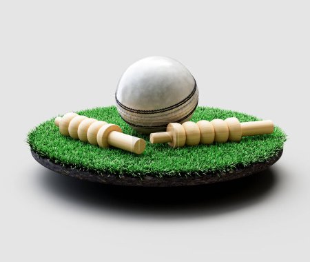 White Leather Stitched ODI Cricket Ball With Two Wicket Bails On Grass Ground Field 3D Illustration