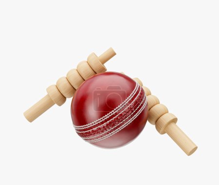 Glänzend rotes Leder genäht Test Cricketball mit zwei Wicket Bails weißen Hintergrund 3D-Illustration