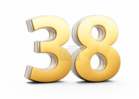 3D Golden Shiny Number 38 Treinta y ocho con contorno de plata sobre fondo blanco Ilustración 3D