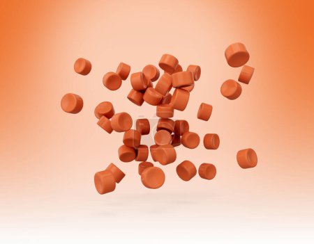 Pellets plásticos anaranjados o cuentas del polímero del PVC que caen en fondo suave del coral Ilustración 3d