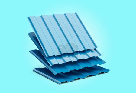 Shiny Blue Falling Metallic Stacks Of Corrugated Galvanised Iron For Roof Sheets 3d Illustration