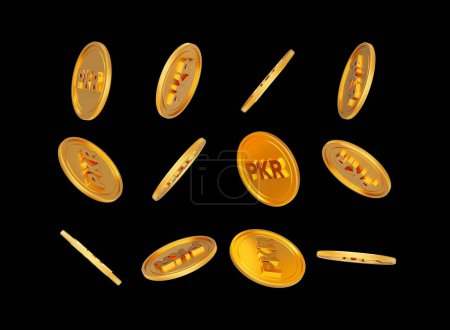 Fallende goldene glänzende pakistanische Rupie PKR gerundete Münzen auf schwarzem Hintergrund 3D-Illustration