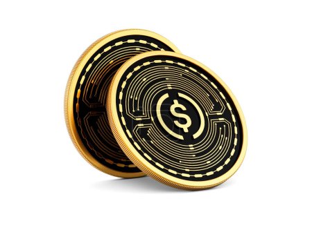 Zwei goldene und schwarze abgerundete Kryptowährungen USD-Münzen USDC auf weißem Hintergrund 3D-Illustration