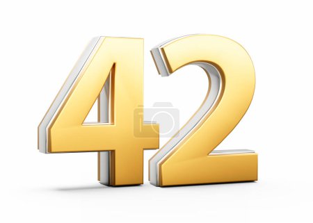 3D Golden Shiny Number 42 Forty Two With Silver Outline On White Background 3D Illustration