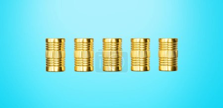 Set Of Five Shiny Golden Metallic Ferrules Standing On Soft Blue Background 3d Illustration