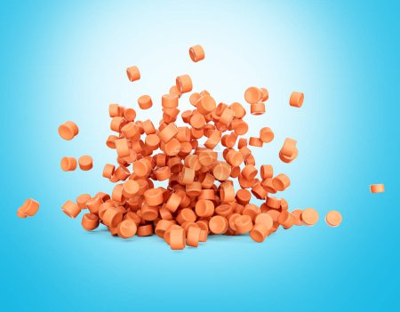 Orange Kunststoff-Pellets oder PVC-Polymer-Perlen fallen auf blauem Hintergrund 3D-Illustration