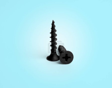 Foto de Dos tornillos metálicos negros que sujetan los artículos Tuercas y clavos Foto de primer plano sobre fondo azul suave - Imagen libre de derechos