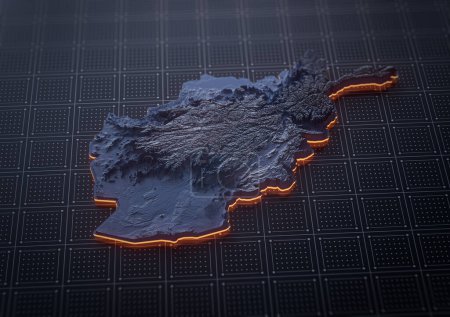 Mapa de Afganistán Relieve sombreado monocromático Mapa texturizado con ilustración en 3D de la frontera de neón naranja