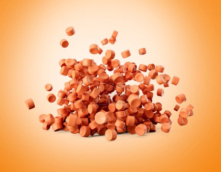 Orange Kunststoff-Pellets oder PVC-Polymer-Perlen fallen auf Weichkorallen Hintergrund 3D-Illustration