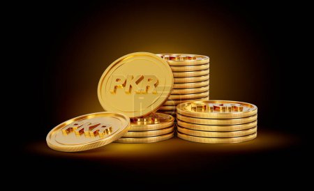 Stack Of Golden Shiny Pakistani Rupee Rounded Coins On Shiny Golden Glow Background 3d Illustration