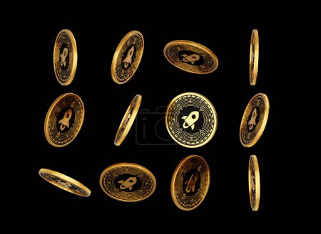 Caída de oro y negro criptomoneda lúmenes estelares monedas sobre fondo negro 3d ilustración