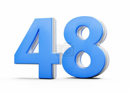3D-Zahl 48 Achtundvierzig aus blauem Körper mit silbernem Umriss auf weißem Hintergrund 3D-Illustration