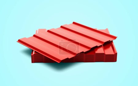 Red Metallic Stacks Of Corrugated Galvanised Iron For Roof Sheet On Blue Background 3d Illustration