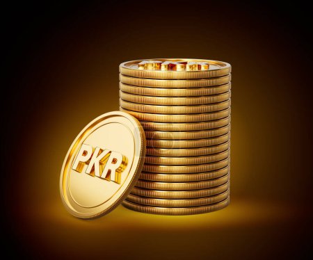 pile de pièces rondes en roupie pakistanaise brillante dorée sur fond brillant doré Illustration 3d