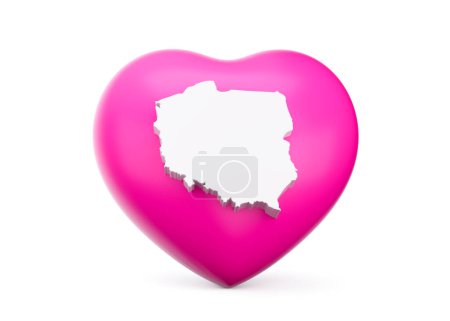 Corazón rosado con el mapa blanco de Polonia aislado en fondo blanco Ilustración 3d