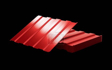Rote metallische Stapel aus verzinktem Wellblech für das Dach auf schwarzem Hintergrund 3D-Illustration