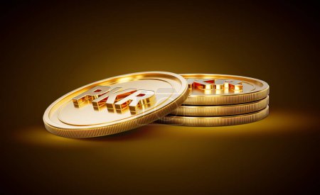 Pila de oro brillante Rupia paquistaní redondeadas monedas en brillante brillo dorado fondo 3d ilustración