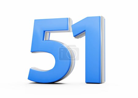 Número 3D 51 Cincuenta y uno hecho de cuerpo azul con contorno de plata sobre fondo blanco Ilustración 3D