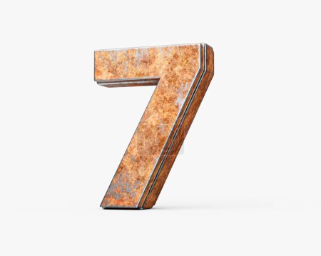 Numéro sept 7 chiffres en vieux métal de fer rouillé texture sur fond blanc Illustration 3d