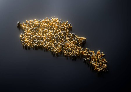 Armenia Mapa de alta calidad premium de cobre metálico dorado Pilares de latón Ilustración 3D