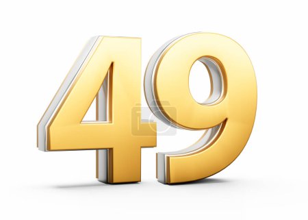 Número brillante oro 3D 49 Cuarenta y nueve con el contorno de plata en el fondo blanco Ilustración 3D