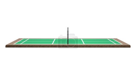 3D Badmintonplatz mit Netz, grünem Boden und weißen Linien, die die Grenzen markieren 3D Illustration