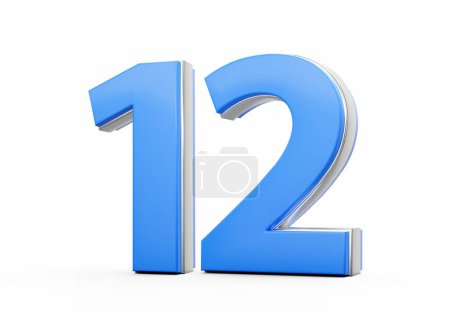 3D Number 12 Twelve Made Up Of Blue Body With Silver Outline On White Background 3D Illustration