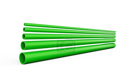 Tuberías de PVC verde brillante 3D de diferentes diámetros Concepto de fontanería sobre fondo blanco Ilustración 3D