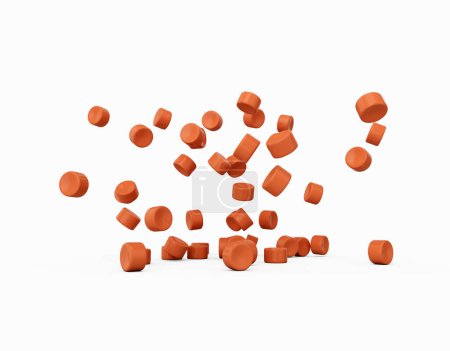 3D Orange Kunststoff-Pellets oder PVC-Polymer-Perlen fallen auf weißem Hintergrund 3D-Illustration