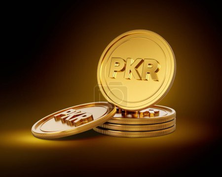 Stapel goldener, glänzender pakistanischer Rupie abgerundete Münzen auf glänzend goldenem Glühen Hintergrund 3d Illustration