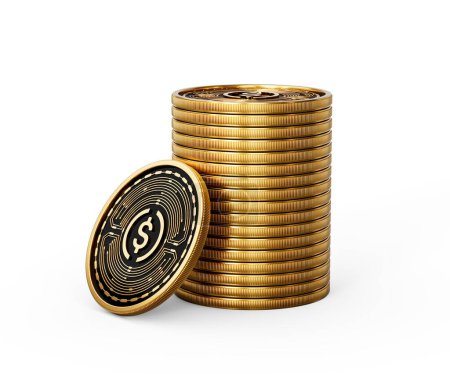 Stapel goldener Kryptowährung USD-Münzen USDC Abgerundete Münzen Stapel weißer Hintergrund 3D-Illustration