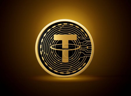 Goldene und schwarze abgerundete Kryptowährung Tether USDT-Münze auf Golden Glow Hintergrund 3d Illustration