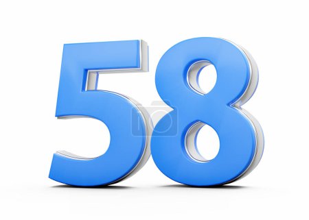 3D-Zahl 58 Achtundfünfzig aus blauem Körper mit silbernem Umriss auf weißem Hintergrund 3D-Illustration